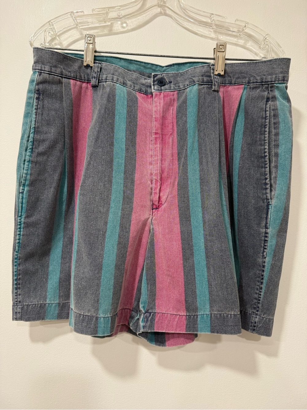 P.F. Flyers Men's Vertical Striped Denim Shorts in Teal, Pink & Gray